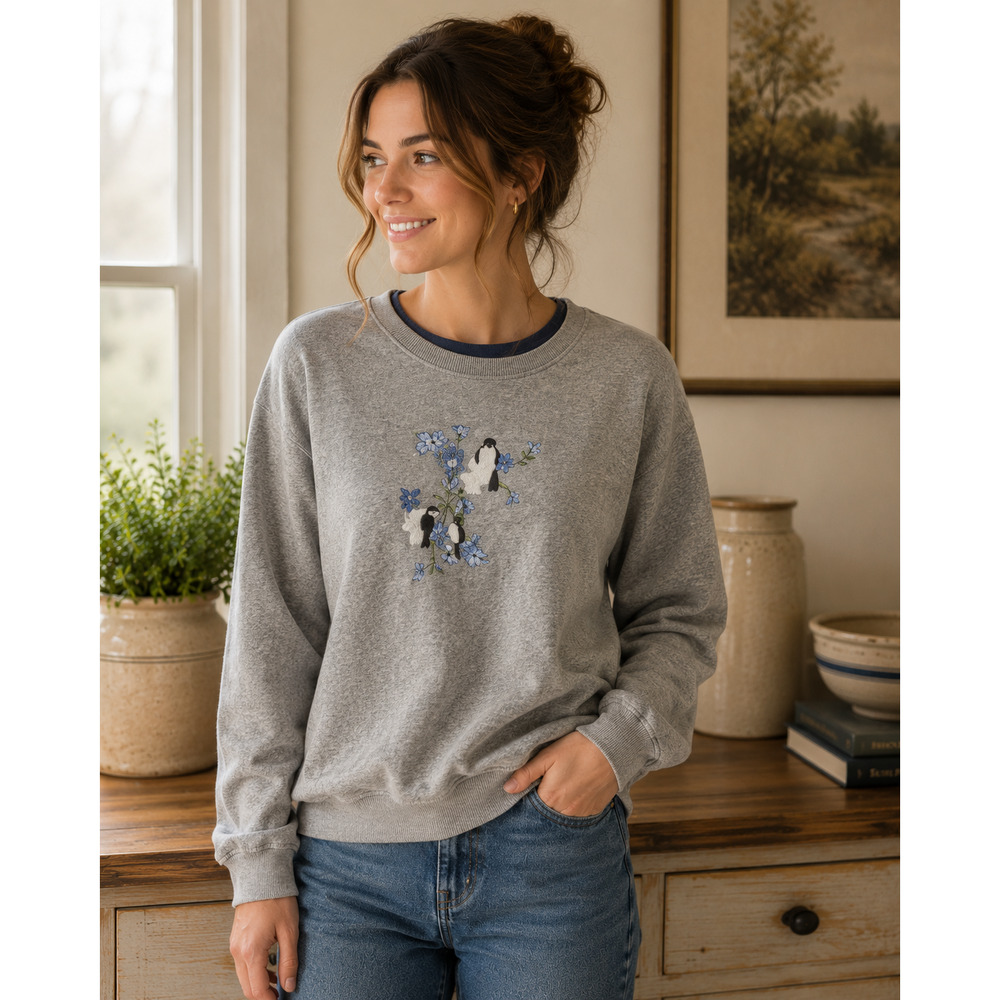 Grannycore Petites Crewneck Pullover Sweatshirt with Birds Embroidery Sz PL